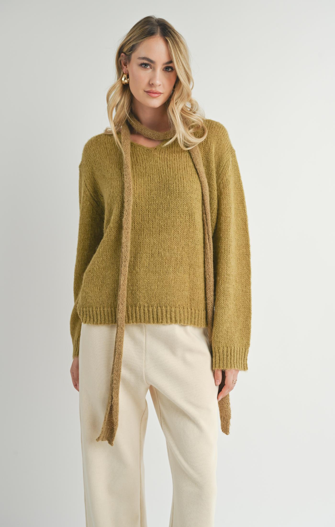 Sadie & Sage, Tay V Neck Sweater With Skinny Scarf in Light Olive - Boutique Dandelion