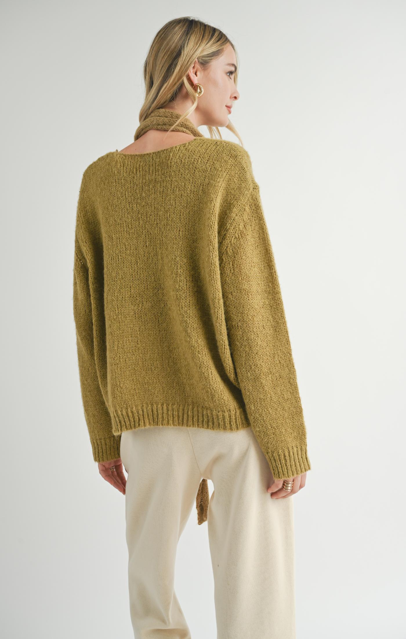 Sadie & Sage, Tay V Neck Sweater With Skinny Scarf in Light Olive - Boutique Dandelion