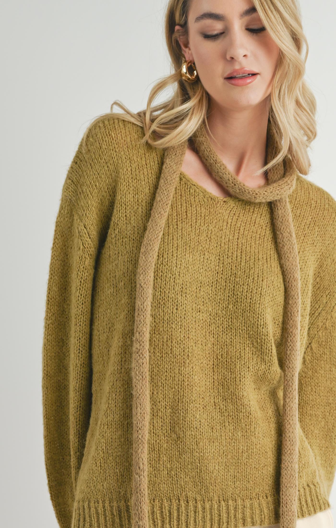 Sadie & Sage, Tay V Neck Sweater With Skinny Scarf in Light Olive - Boutique Dandelion