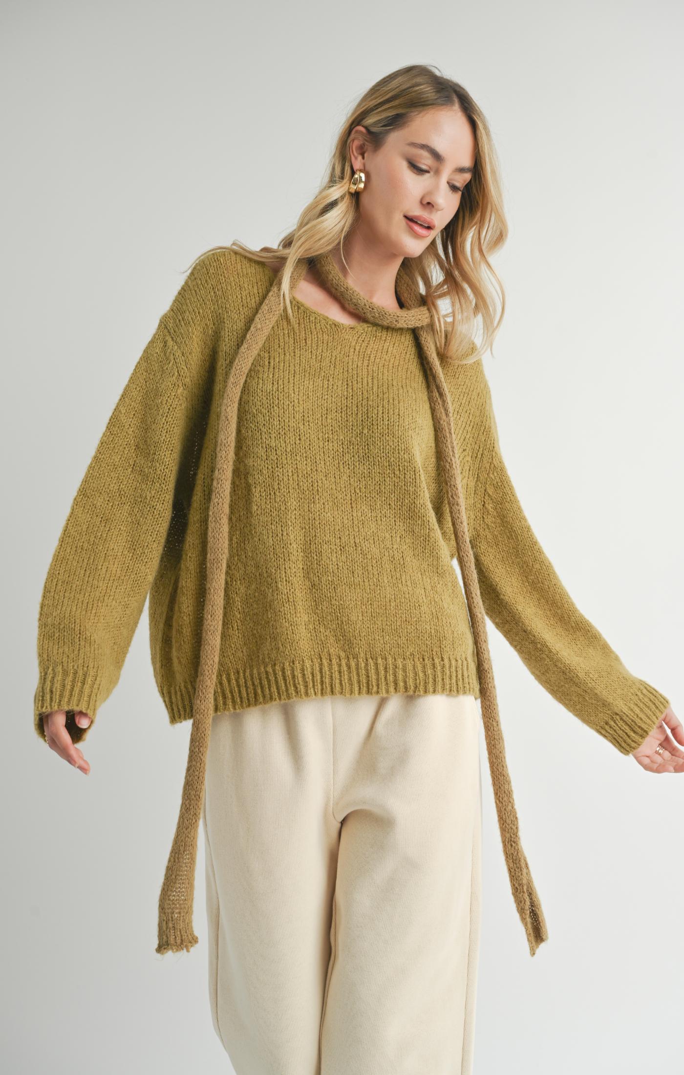 Sadie & Sage, Tay V Neck Sweater With Skinny Scarf in Light Olive - Boutique Dandelion