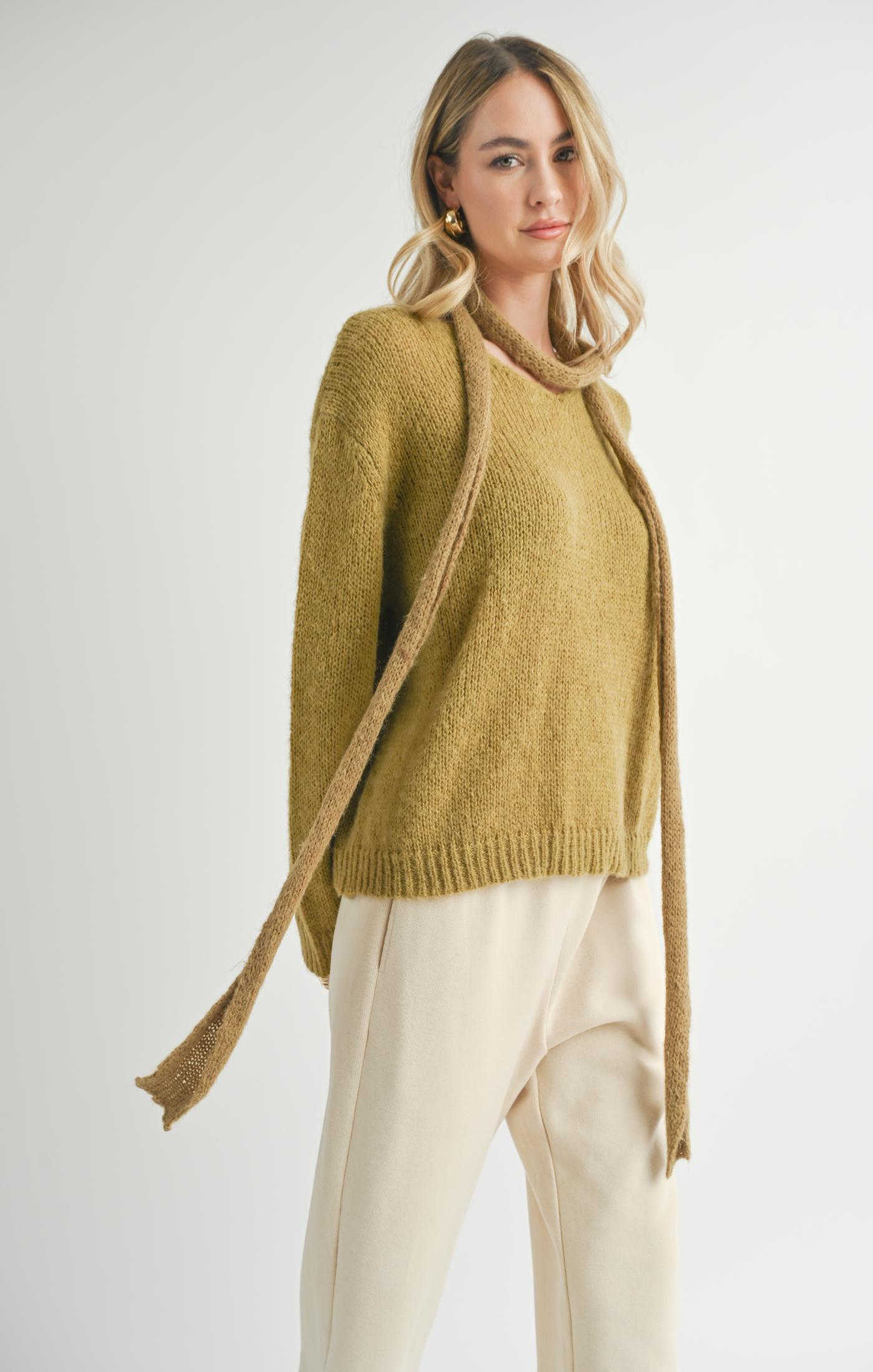 Sadie & Sage, Tay V Neck Sweater With Skinny Scarf in Light Olive - Boutique Dandelion