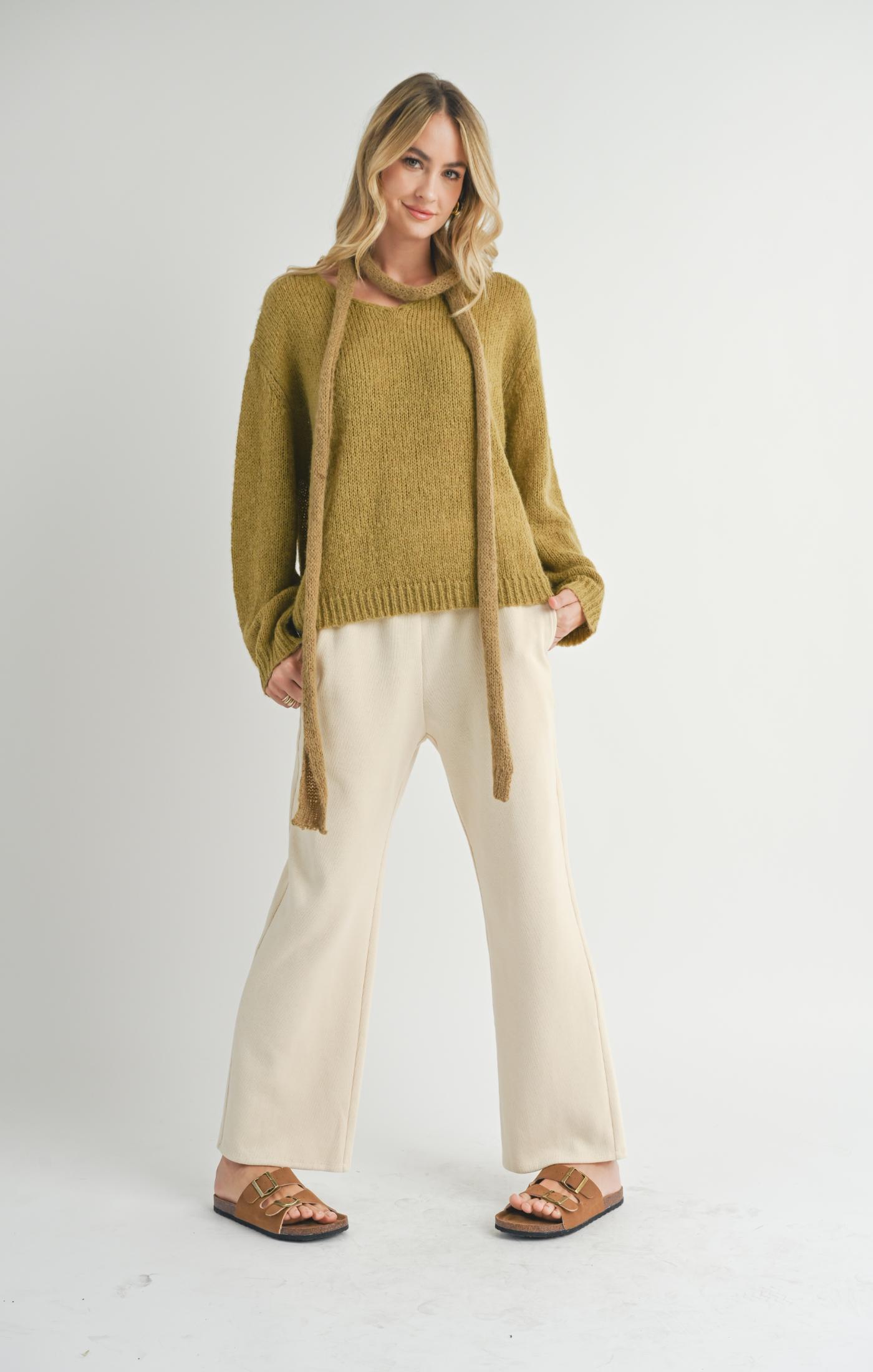 Sadie & Sage, Tay V Neck Sweater With Skinny Scarf in Light Olive - Boutique Dandelion